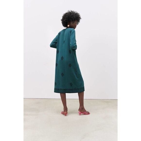 Zara Printed Midi Dress Cotton Green New - Picture 3 of 6